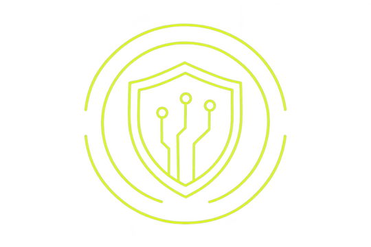 Cybersecurity shield icon, neon yellow lines, transparent background.