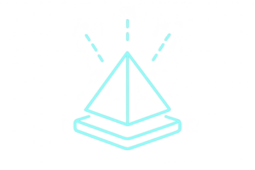 Abstract glowing neon blue pyramid icon with base isolated on transparent background