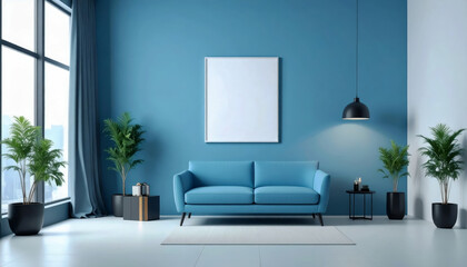 Modern Living Room with Blue Sofa and Minimalist Decor