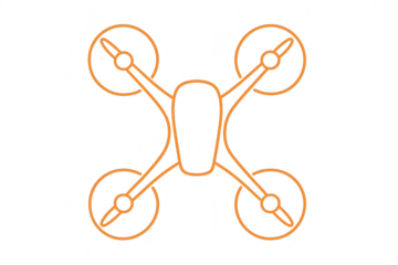 Modern quadcopter drone orange outline vector icon, isolated on transparent.