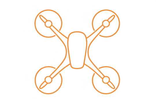 Modern quadcopter drone orange outline vector icon, isolated on transparent.