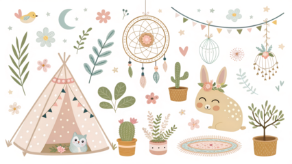 Cute woodland creatures and tent with decorative elements in a playful nature setting