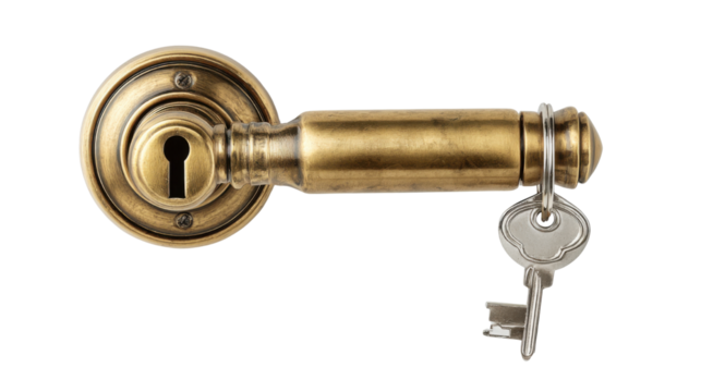 Vintage Brass Door Handle with Key in Keyhole on white Background