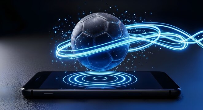 A soccer ball hovers above a smartphone, surrounded by glowing blue lines, creating a futuristic digital concept.