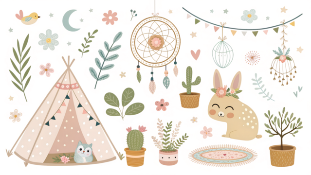 Cute woodland creatures and tent with decorative elements in a playful nature setting