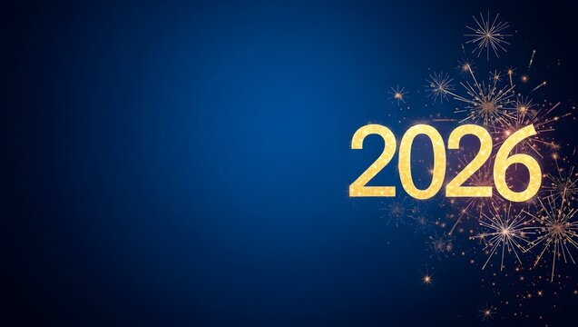 Midnight blue New Year 2026 backdrop with glowing fireworks, glitter dust and golden floating numbers