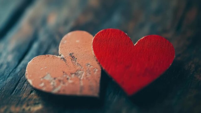Two heart-shaped objects, one red and brown, on wooden surface