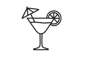 Simple black outline illustration of a festive cocktail glass on transparent background.