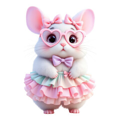 Adorable White Mouse in Pink Heart Glasses and Ruffled Dress.