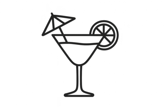 Simple black outline illustration of a festive cocktail glass on transparent background.