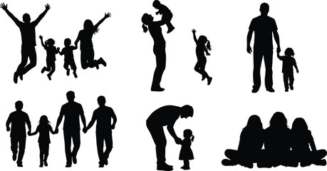 Family silhouettes, parent child interaction, bonding moments, walking holding hands, joyful jumping, sitting together, black vector icons, emotional connection