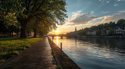 Fototapeta premium A Serene Riverside Path Glowing With Sunrise Light, Leading Towards A Historic Bridge And A Charming City Skyline. Perfect For Travel, Nature, And Urban Tranquility Themes.