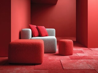 Red and gray modular furniture in a minimalist room