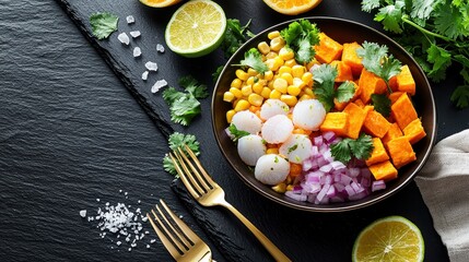 Gourmet ceviche bowl with fresh seafood, purple onion, corn kernels and sweet potato cubes garnished with cilantro on elegant dark plate