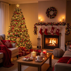 Obraz premium Cozy Christmas living room interior with decorated tree