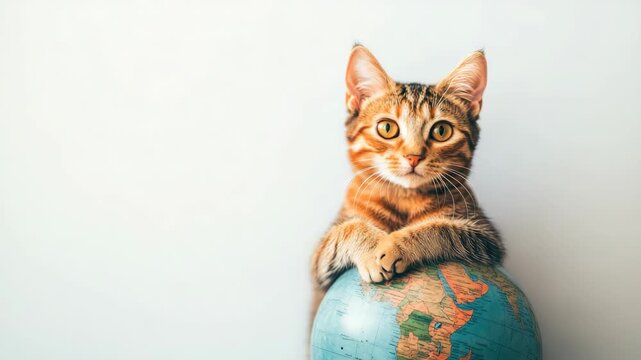 Tabby cat resting its paws on globe