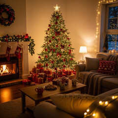 Obraz premium Cozy Christmas living room interior with decorated tree
