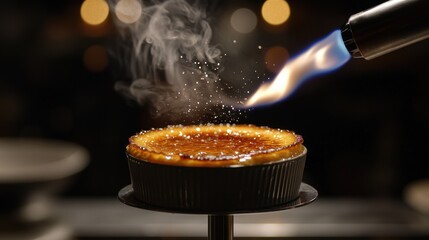 Expert creme brulee torching demonstration with professional kitchen torch flame caramelizing sugar crystals on premium restaurant dessert with artistic lighting