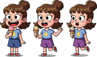 Cartoon girl holding ice cream in playful poses, smiling expressions, summer treat character design, vector illustration set for kids