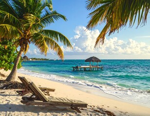 Tropical beach scene with a thatched hut on a wooden pier, sun-drenched sand, and swaying palm trees; a tranquil and idyllic vacation destination.