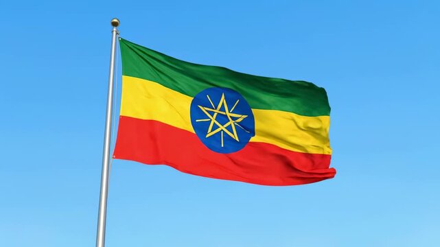 Ethiopian flag waving in clear blue sky 3D render