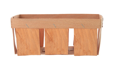 Empty fruit tray made of thin wooden plywood, isolated on transparent background, full focus. Minimal rustic container, natural eco packaging and storage solution