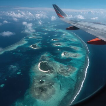 Fototapeta A high-angle view of a chain of islands, vibrant turquoise waters, and a vast expanse of clouds above, seen through an airplane window.