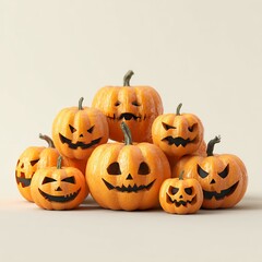Pile of Spooky Carved Halloween Jack-o'-Lantern Pumpkins for Festive Decor