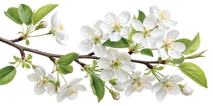 Cherry blossom branch displaying delicate white flowers and fresh green leaves set against a clean background, capturing the essence of spring's beauty and renewal