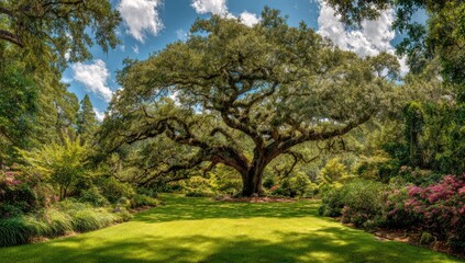 Obraz premium Majestic Oak Tree in Lush Green Garden Under Blue Sky.