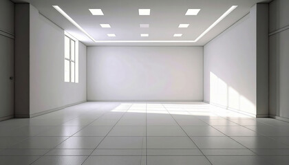 Empty White Room with a Grid of Lights and a Gleaming Tiled Floor