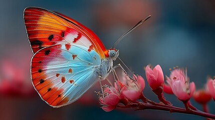 Vibrant butterfly with orange, white and blue wings, perched on pink flowers, against a blurred backdrop