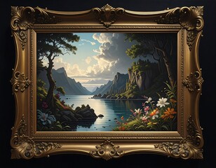 Obraz premium Serene lake scene with mountains, a majestic tree, and vibrant flowers, painted in a detailed, realistic style.