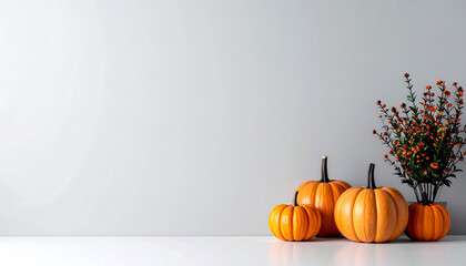 Fall Pumpkin and Flower Arrangement on White Table