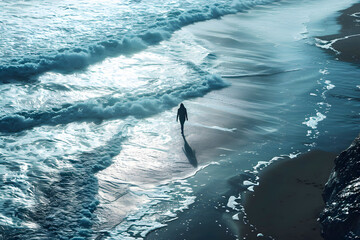 Naklejka premium Person walks along the shoreline as waves crash gently on a serene beach during daylight hours
