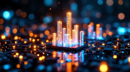 A futuristic cityscape glows with digital lights atop a modern circuit board, symbolizing technological advancement and innovation
