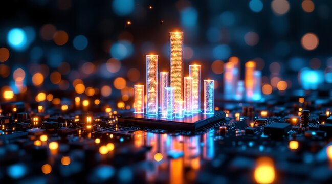 A futuristic cityscape glows with digital lights atop a modern circuit board, symbolizing technological advancement and innovation