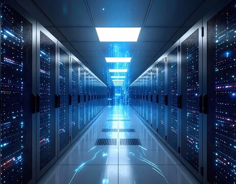 Futuristic Server Room with Blue Glowing Lights