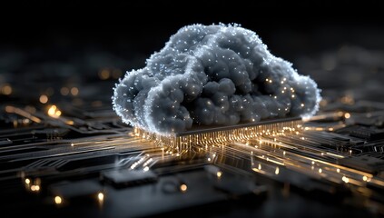 Cloud computing concept, abstract design. A gray cloud sits atop a computer circuit board,  glowing lights illuminating connections