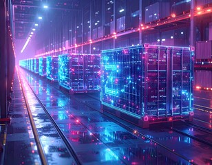 Futuristic Supply Chain: Neon Containers on Tracks