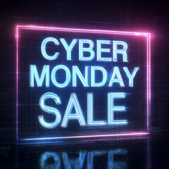 Cyber Monday Sale glowing neon sign. Futuristic digital marketing banner on dark background for online shopping event.