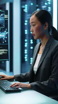 A tech professional in modern business attire at a sleek workstation in a futuristic data center, illuminated by glowing displays, showing intense focus and precision. Concept of digital security