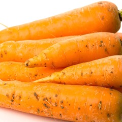 Close-up of fresh carrots, slightly dirty, piled together