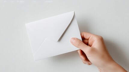 Hand Holding White Envelope on White Background, Concept of Communication, Connection, Invitation and Postal Delivery