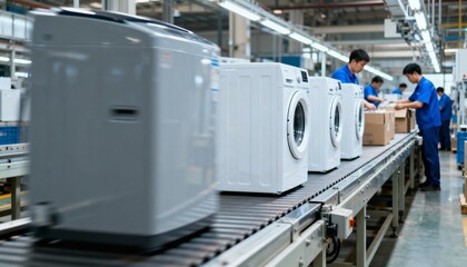 Appliance Manufacturing: Washing Machines on Assembly Line with Factory Workers Performing Quality Control and Packaging