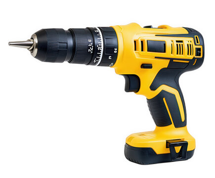 Yellow and black cordless power drill isolated on transparent background for diy projects