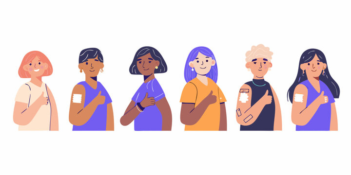 Diverse group of women showing thumbs up after receiving vaccinations with bandages on their arms