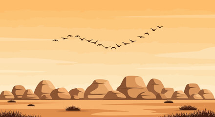 Birds Migrating Over Desert Landscape at Sunset Vector Illustration
