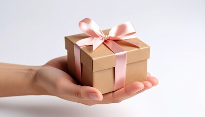 Hand Delicately Holding a Small Brown Gift Box with a Pink Ribbon