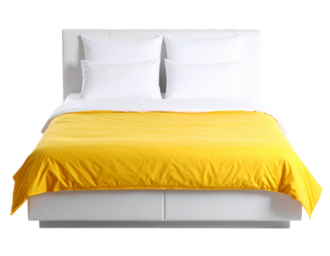 “Top View of Minimal Modern Bed with Yellow Bedding and Cushions, Isolated PNG Object”